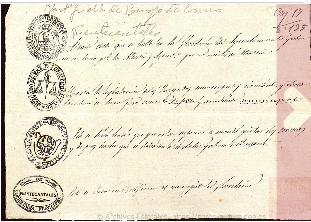 "Fuentecantales", Sellos de Alcaldía, Ayuntamiento, juzgado de Paz y Secretaría Municipal, 1876, AHN, PARES.