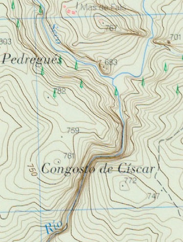A tan sols 500 m al sud de Fals veiem un congost que presenta forma de falç (Mapa Topográfico Nacional de España, sector 289-I)