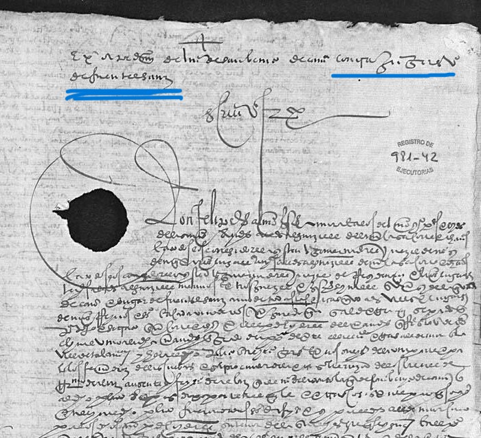 "...contra Ju(an) Gu(tierrez) v(ecin)o de Fuentelsauz...", Ejecutoria del pleito litigado por el convento de Nuestra Señora de la Consolación, orden de San Benito, de Zamora, con Juan Gutiérrez, vecino de Fuente el Saúz, 1560, ARCHV, PARES.