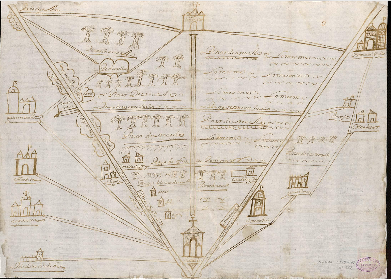 Mapa de los pinares situados en términos de Arévalo, Orbita, Vinaderos, etc.,  ARCHV, PARES, 1665