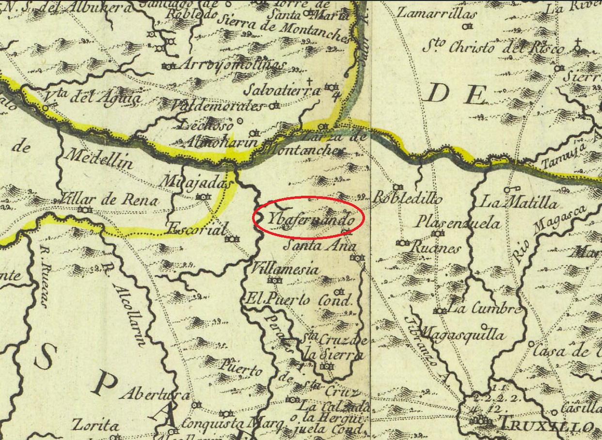 Ibafernando (Ibahernando) en el "Mapa de la provincia de Extremadura" de Tomás López (1766)