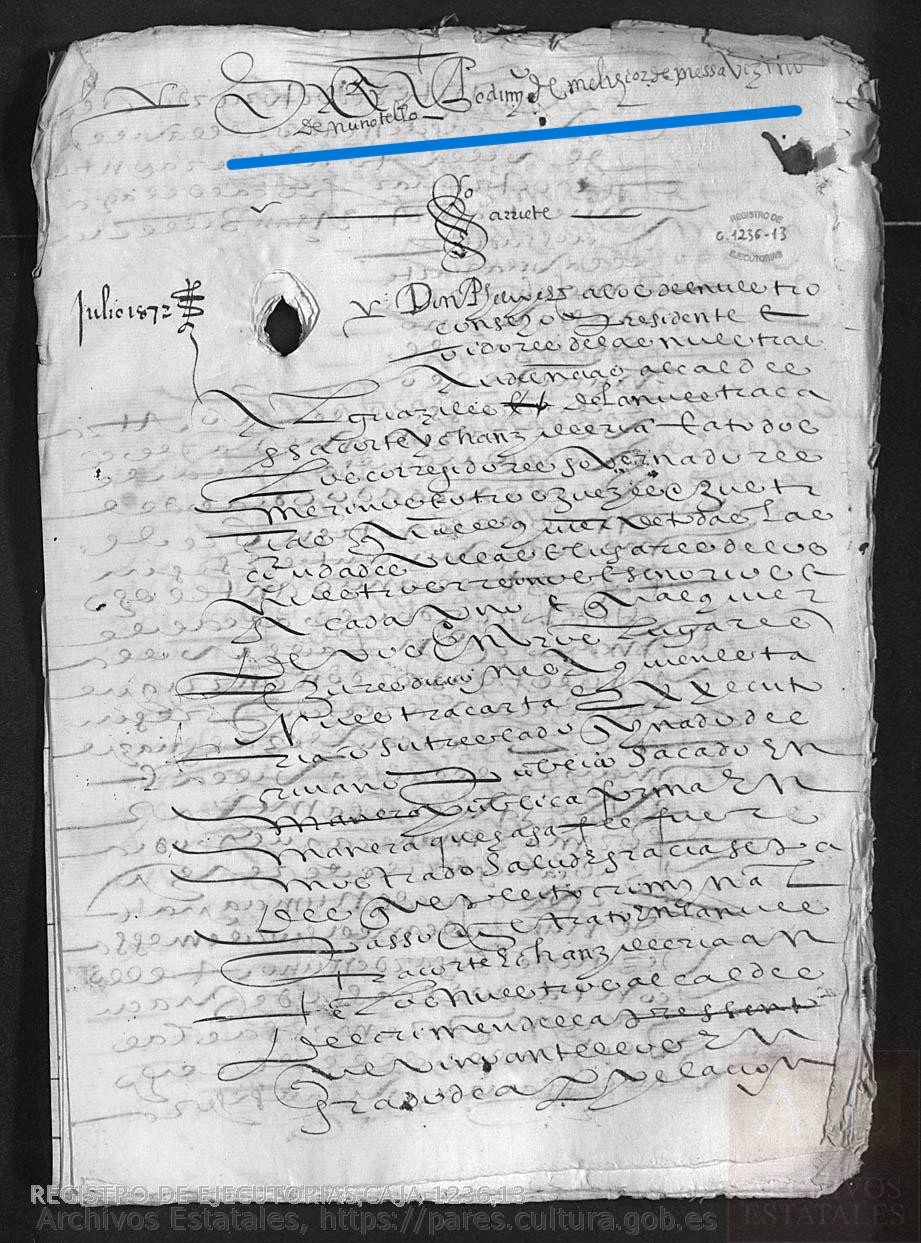"A pedim(ient)o de Melchior de Messa vezino de Nunotello....", Ejecutoria del pleito litigado por el fiscal del rey, con Melchor de Mesa, vecino de Muñotello (Ávila), sobre haber vendido trigo y cebada a mayor precio del permitido, 1572, ARCHV, PARES.