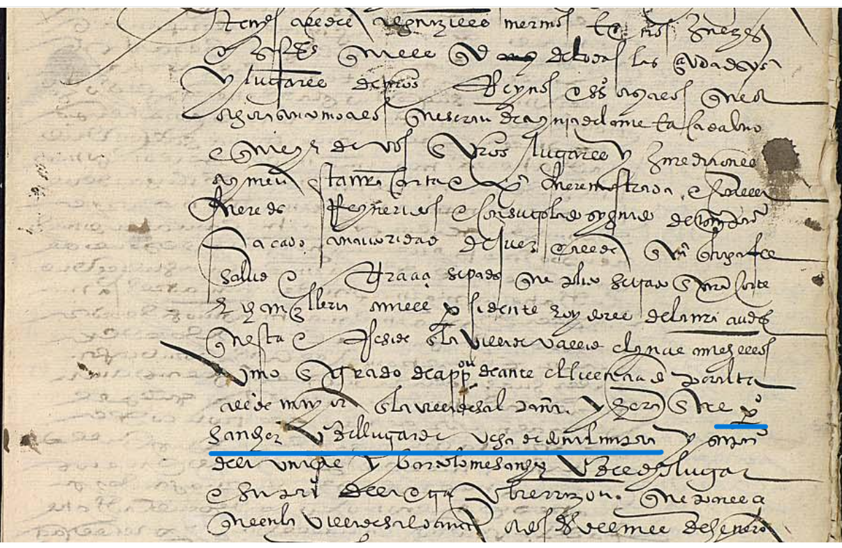 "...P(edr)o Sanchez v(ecin)o del lugar de Vega de Donaolimpa....", 1554, Ejecutoria del pleito litigado por Pedro Sánchez, vecino de Vega de Doña Olimpa, ARCHV, PARES.