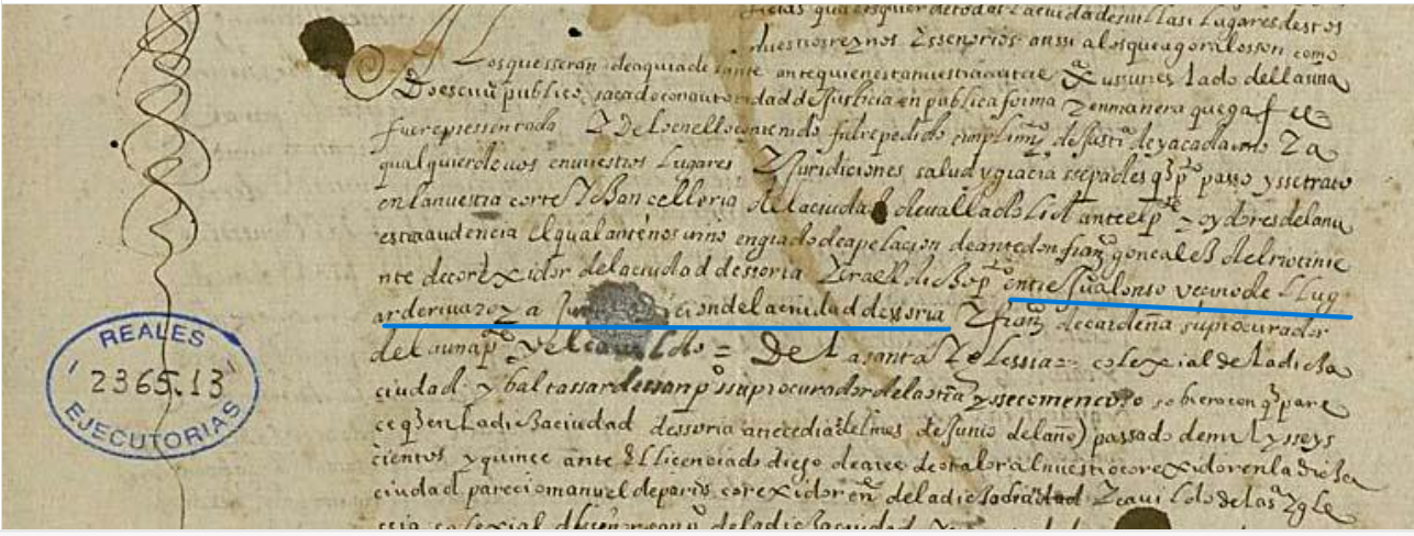 "...entre Ju(an) Alonso vecino del lugar de Riuarroya jusridicion de la ciudad de Soria....", Ejecutoria del pleito litigado por Juan Alonso, vecino del lugar de Ribarroya (Soria), con el cabildo de la colegiata de la ciudad de Soria, 1623, ARCHV, PARES