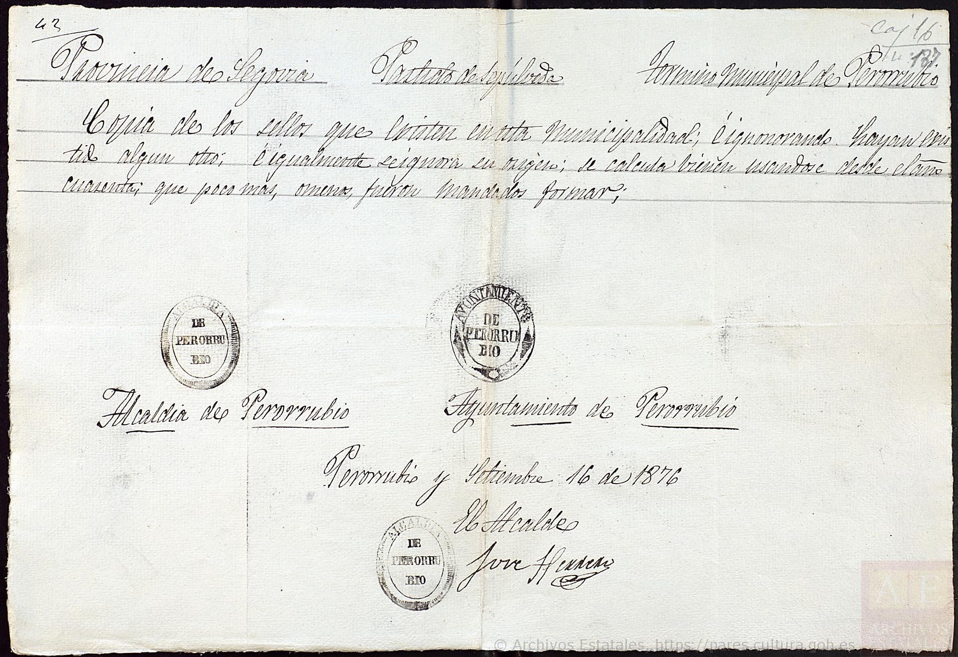 "Perorrubio", Sellos de Ayuntamiento y Alcaldía, 1876, AHN, PARES.
