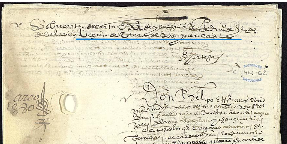 "Sobrecarta de carta exx(ecutori)a a pedim(ient)o de Hernando de Belasco vezino de la villa de Porqueriças", Sobrecarta de la carta ejecutoria del pleito litigado por Hernando de Velasco, 1580, ARCHV, PARES.