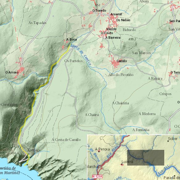 Río Xabrega (Información xeográfica de Galicia, Xunta de Galicia), co curso resaltado en amarelo
