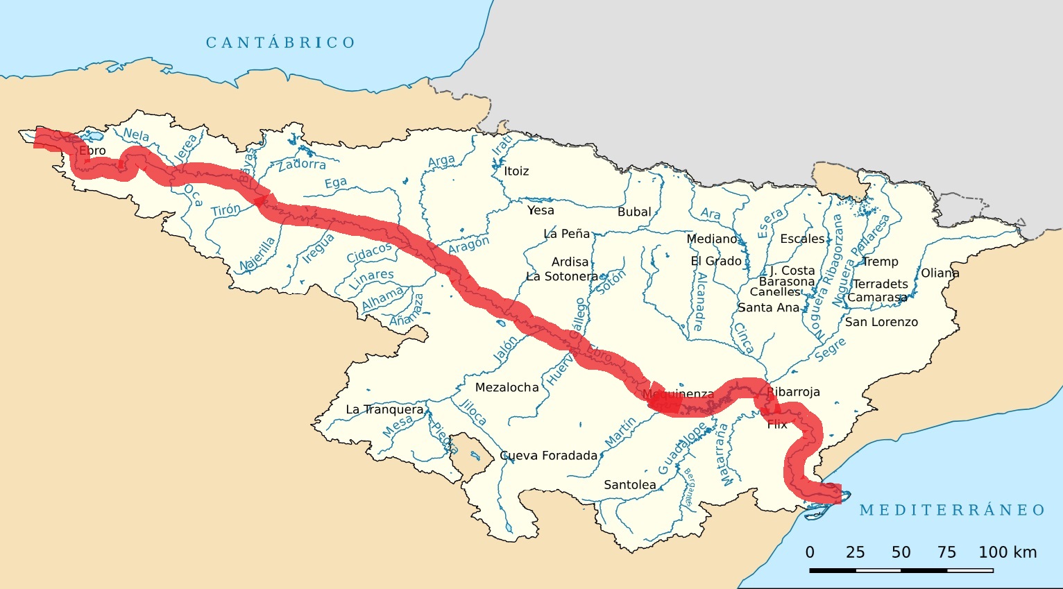 El río Ebro y sus afluentes (Fuente: Wikipedia)