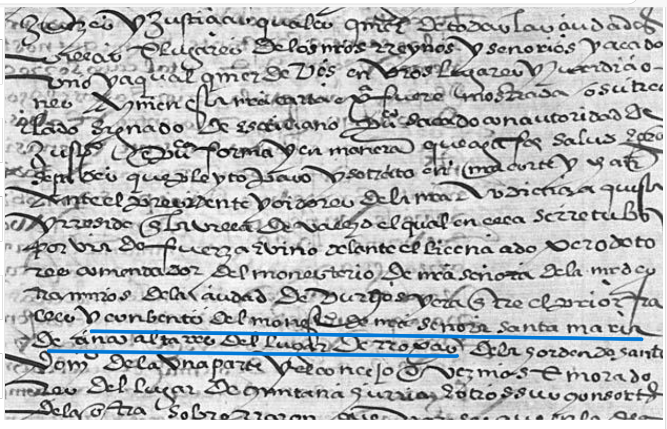"...y conbento del mon(as)t(eri)o de n(uest)ra senora Santa Maria de Çinco Altares del lugar de Rrojas...", Ejecutoria del pleito litigado por el monasterio de Nuestra Señora de Cinco Altares, orden de Santo Domingo, de Rojas (Burgos), con el concejo de Quintana Urría (Burgos), 1562, ARCHV, PARES.