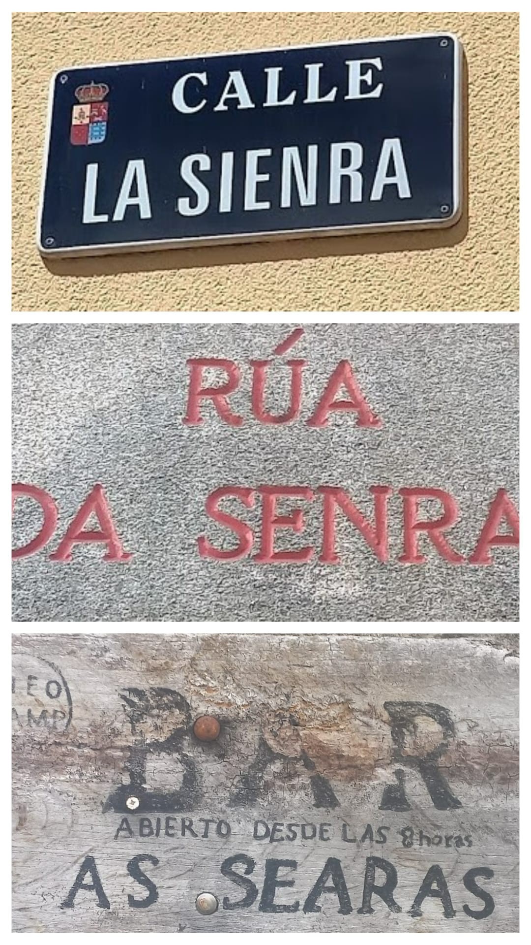 Junto a la forma "Serna" encontramos otras soluciones del mismo étimo, con o sin metátesis, con diptongación de /e/ inicial, con síncopa o no,. Fotografías del autor. La primera corresponde al municipio de Salas, Asturias; la segunda una calle de Santiago de Compostela; la tercera  es el nombre de un bar en San Vicente do Burgo, cerca de Lugo.