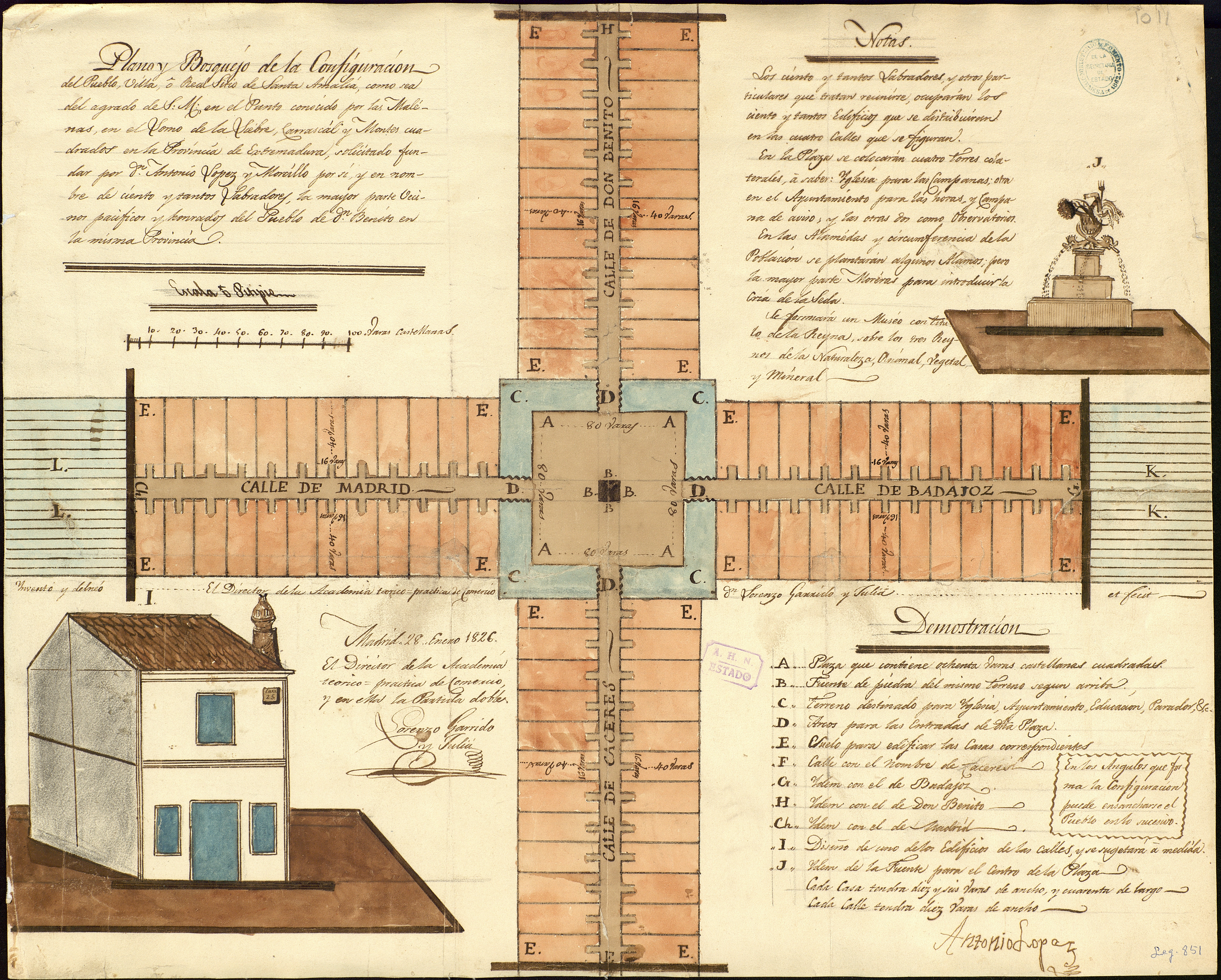 Plano y bosquejo de la configuración del pueblo, villa o real sitio de Santa Amalia (1826). Archivo Histórico Nacional