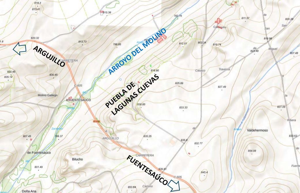Mapa de ubicación de la Puebla de Lagunas Cuevas. Cartografía de base tomada del MTCL 1: 10.000