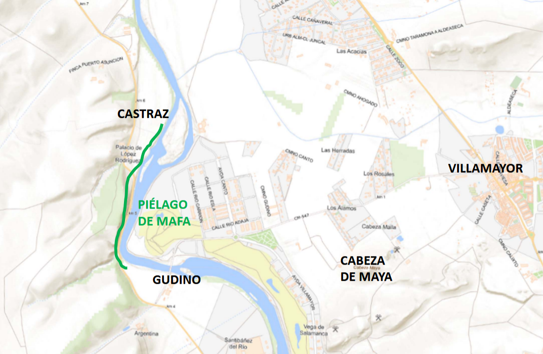 Mapa de detalle. Cabeza de Maya y Piélago de Mahera, cerca del río Tormes, aguas abajo de Salamanca.