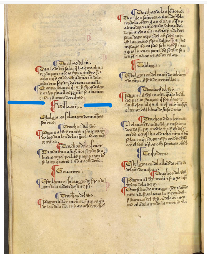 "Villa Ones (sic). Este logar es solariego de muchos sennores...", Merindad XIV. Merindad de Castilla Vieja, 1352. Copia de 1475-1499, ARCHV, PARES. AParece también la extraña forma "Villa On(e)s"