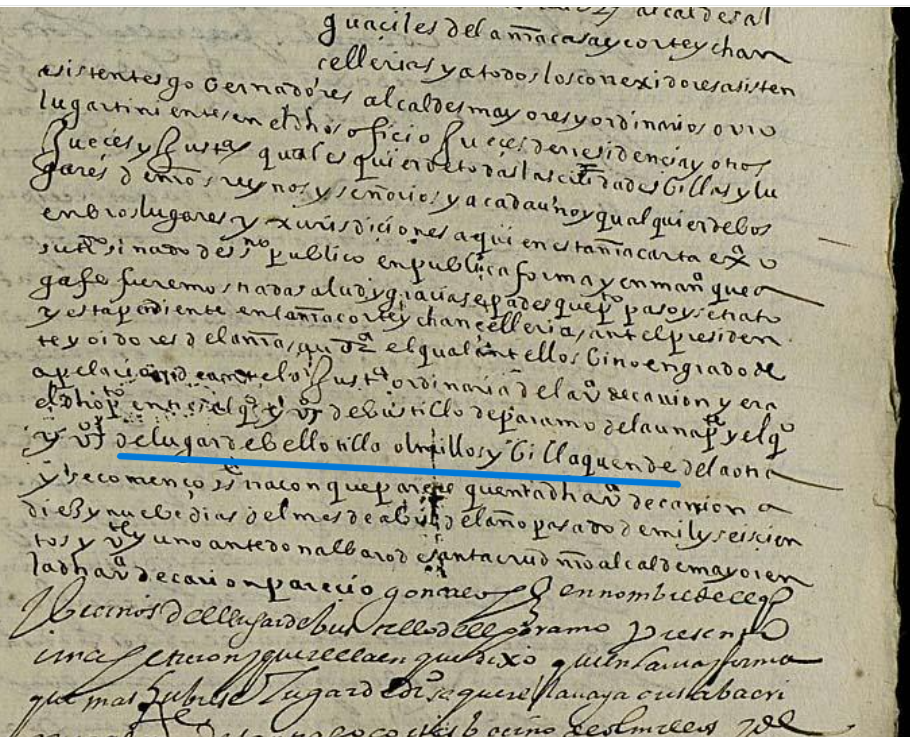 "...lugar de Bellosillo, Olmillos y Billaquende...", Ejecutoria del pleito litigado por los concejos de Villotilla, Olmillos y Villacuende con el concejo de Bustillo del Páramo de Carrión, 1625, ARCHV, PARES.