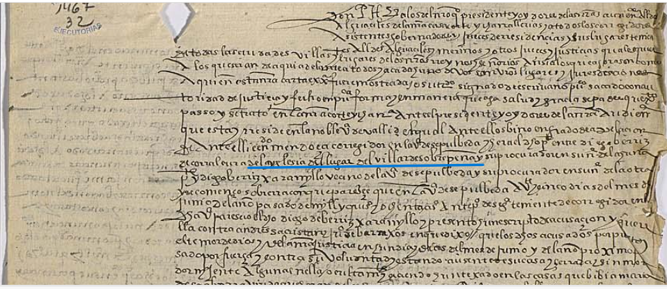 "...de la iglesia del lugar del Villar de Sobrepeña..", Ejecutoria del pleito litigado por Diego Berriz de Corral, clerigo de la iglesia de Villar de Sobrepeña, con Diego Berriz de Jaramillo, vecino de Sepúlveda (Segovia), 1582, ARCHV, PARES.