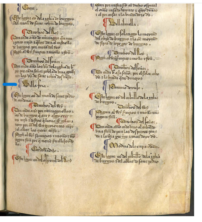 "Villa Fria. Este logar es del mon(esteri)o de Sant Pedro de Cardenna", Merindad XIII. Merindad de Burgos, 1351, Copia de 1475-1499, ARCHV, PARES.