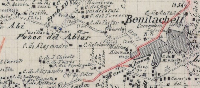 Els pous de l'Abiar en la planimetria del Poble Nou de Benitatxell (Institut Geogràfic i Estadístic, núm. 030072, any 1900)