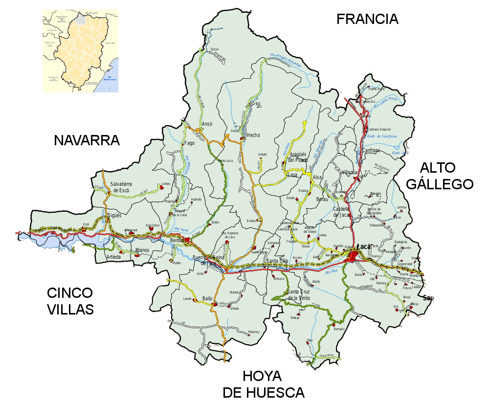 Mapa de la Jacetania atravesada de este a oeste por la Canal de Berdún (Fuente: https://www.jacetania.es/).