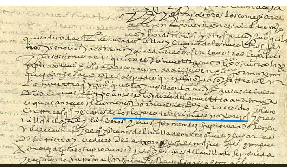 "...de los lugares de Bercimuel, Paxarejos...", Ejecutoria del pleito litigado por los Concejos de Bercimuel, Pajarejos, Fresno de la Fuente y Ciruelos, todos de Segovia, con el Concejo de Cedillo de la Torre (Segovia) y el Concejo y lugares de la tierra de Maderuelo, 1597, ARCHV, PARES.