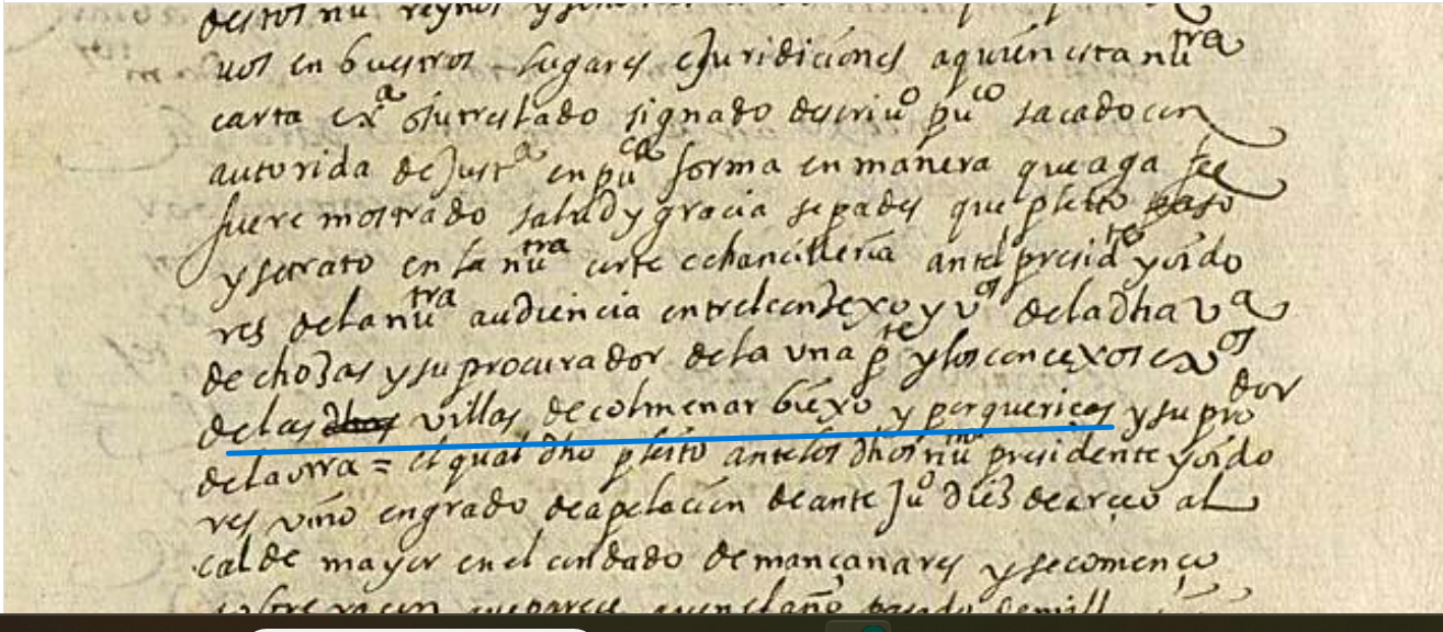 "...de las villas de Colmenar Biexo y Porqueriças...", Ejecutoria del pleito litigado por el concejo de Colmenar Viejo y Miraflores de la Sierra con el concejo de Soto del Real, sobre aprovechamiento de términos, 1618, ARCHV, PARES.